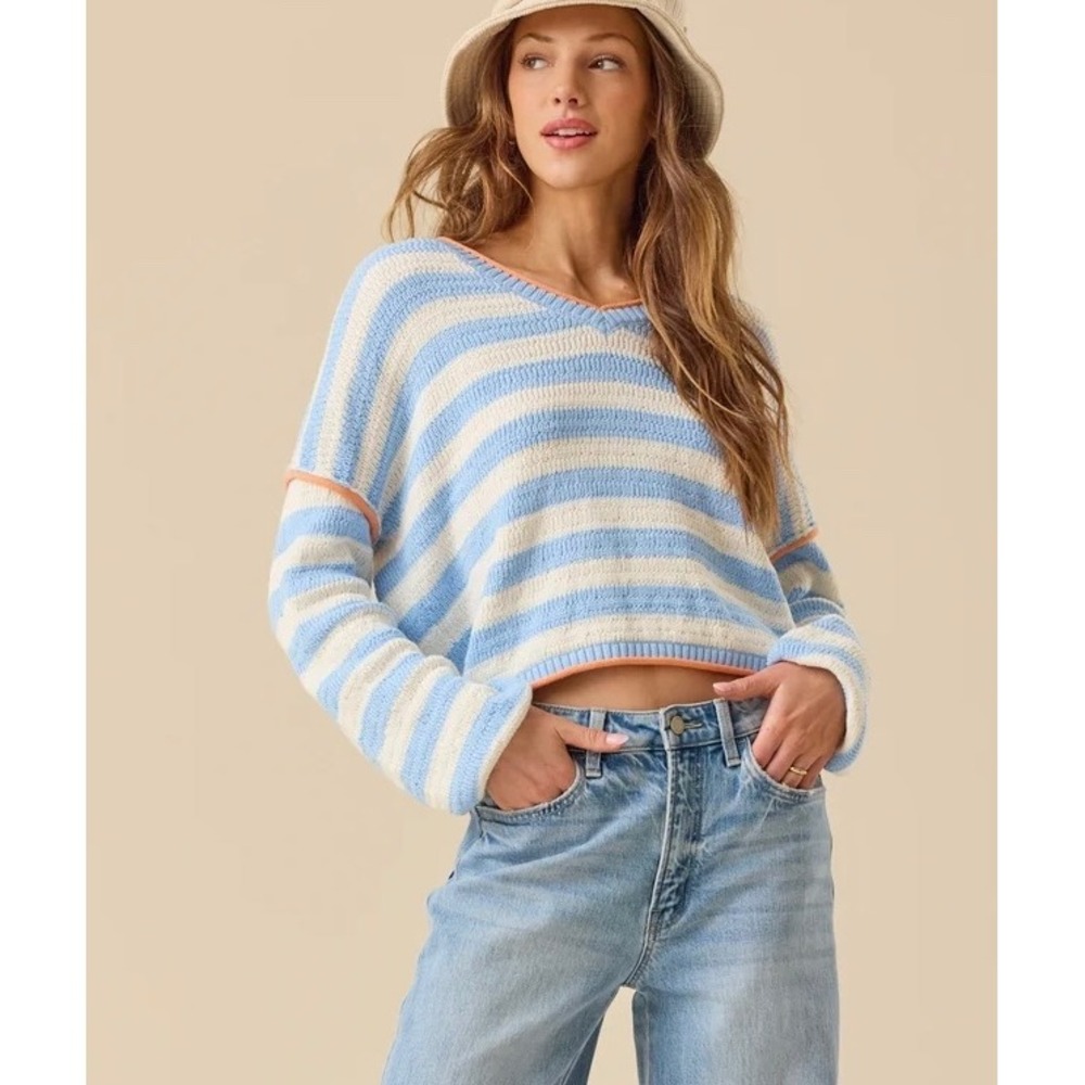 Altar'd State Striped Knit V-Neck‎ Sweater Ivory Blue Orange Size XXL